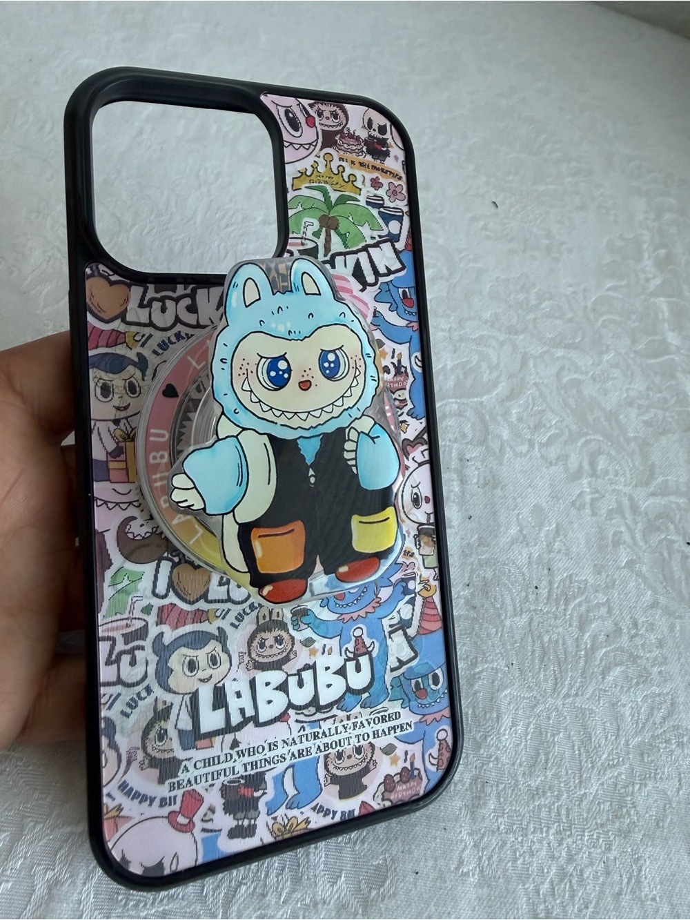 16 pro max Multicolor Labubu pink Cartoon Character Phone Case with Pop Socket